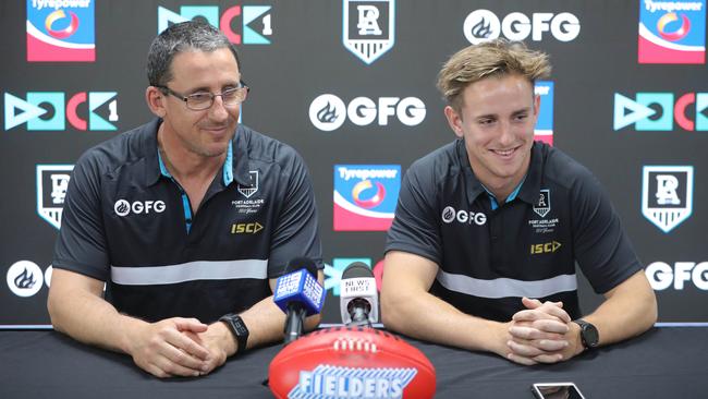 Jackson Mead, right, with dad Darren, at his first press conference in 2019. Picture: Russell Millard