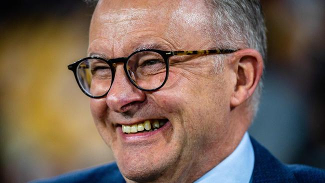 Australia's Prime Minister Anthony Albanese reacts before the international women's rugby league match between Australia and Papaua New Guinea at the Suncorp Stadium in Brisbane on September 25, 2022.