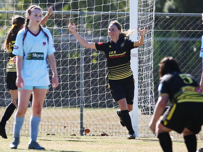 Edge Hill's Rose Calvert celebrates after scoring a goal in last year’s semi final. Calvert is sitting out this season. PICTURE: BRENDAN RADKE