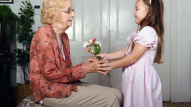 Grace Dodt, 94, with her great-granddaughter Hamilton Heycock, 6, will be spending Mother's Day together. Picture: Shae Beplate.