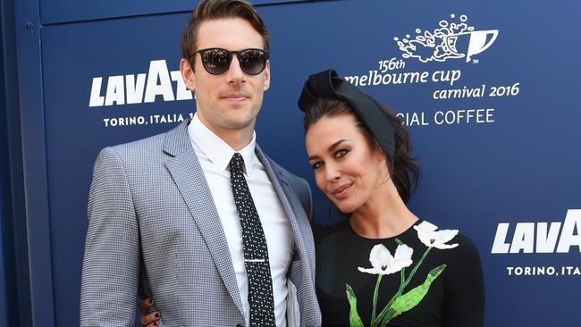 Megan Gale and Shaun Hampson in the Birdcage during Derby Day. Picture: AAP Tracey Nearmy