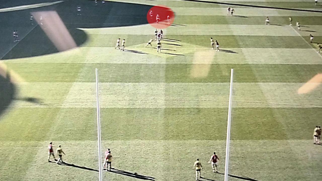 A photo from the start of the fourth quarter when North Adelaide had an extra player on the ground against Woodville-West Torrens. Highlighted is a two-on-one.