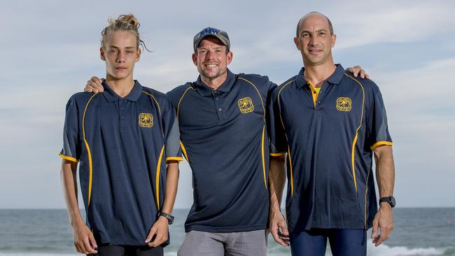 Off duty lifesavers, Josh Shannon, 17, Glen Mackenzie and Jason Free saved a family from drowning near Southport Surf Club on Saturday night. Picture: Jerad Williams