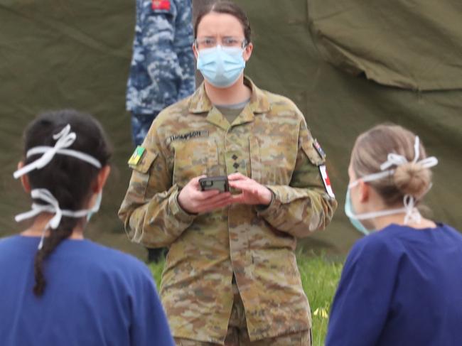 ADF have set up tents for there workers to change out of their medical gear at Epping Gardens aged care where a COVID-19 outbreak has taken place. Wednesday, July 29, 2020. Picture: David Crosling