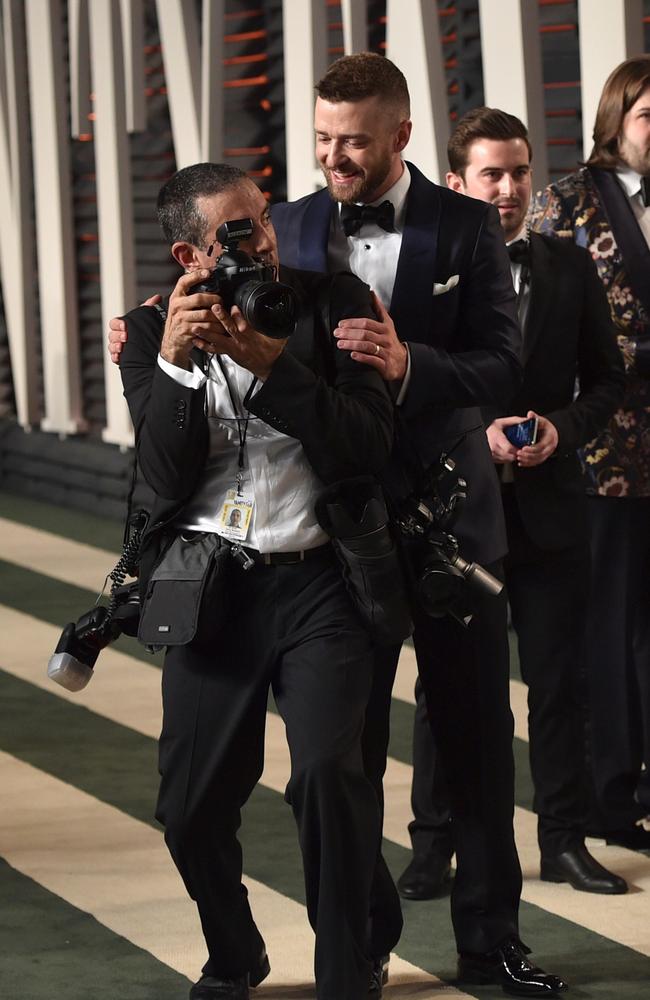 Photographer Larry Busacca shoots Justin Timberlake at the Vanity Fair Party. Picture: Getty