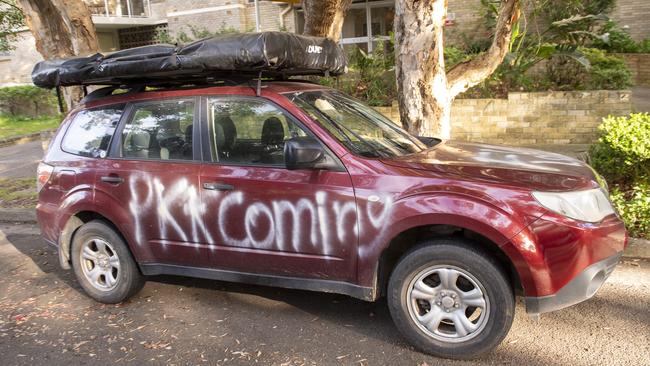 Cars were sprayed overnight with anti-Israel graffiti in Sydney’s eastern suburb of Woollahra. Picture: NewsWire / Jeremy Piper