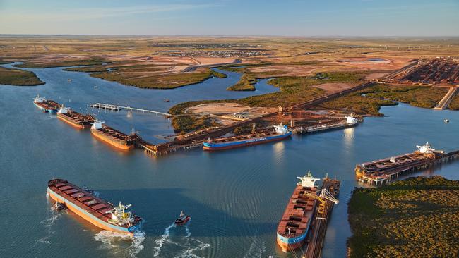 Bulk iron ore carriers at Port Hedland in 2019. Big miners have warned of a slowdown on the way. Picture: Pilbara Ports Authority