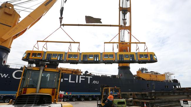 Th trams for the Gold coast light rail being unloaded at the Port of Brisbane.