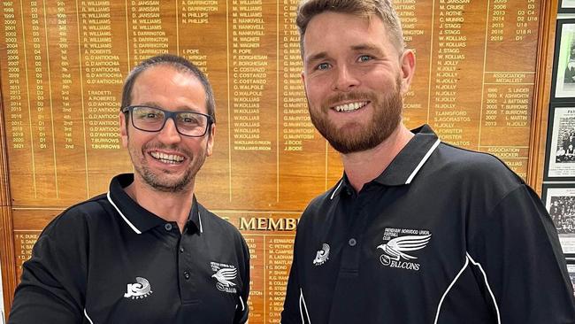 Payneham Norwood Union star Brad McKenzie (right) with Falcons coach Jeremy Cini. Picture: Payneham Norwood Union Football Club