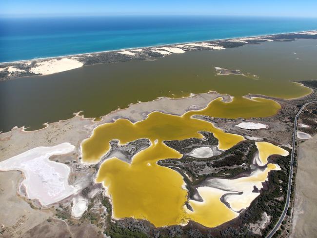 12/04/2012 NEWS: Aust politician Federal Water Minister Tony Burke on a helicopter flyover tour of the Coorong and the Lower Lakes, SA. Southern Lagoon.