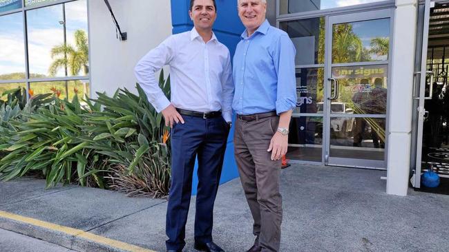 BRING IT ON: National's candidate for Richmond Matthew Fraser and Deputy Prime Minister Michael McCormack who visited the Tweed on Monday morning. Picture: Rick Koenig