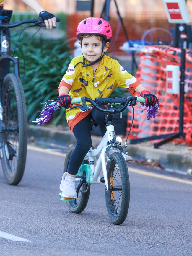 Evie Townsend 5 in the Annual Gran Fondo finishing at Darwin Waterfront. Picture: Glenn Campbell