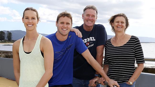 Australian Swimmers L-R – Emma McKeon, David McKeon, Ron McKeon and Susie McKeon in Wollongong. At the 1982 Commonwealth Games at Brisbane, Ron McKeon won a swimming gold medal and met his future wife in the pool deck. Picture: Jane Dempster/The Australian