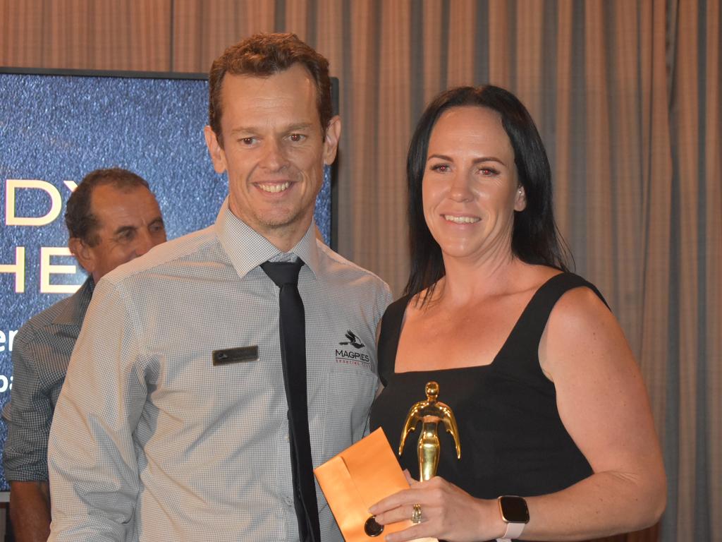 Magpies Sporting Club general manager Darren Smith (left) and runner up volunteer of the year Mandy Hughes at Magpies awards night, October 29, 2021. Picture: Matthew Forrest