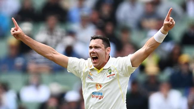 Scott Boland celebrates his first Test wicket after making his debut on Boxing Day. Picture: Getty