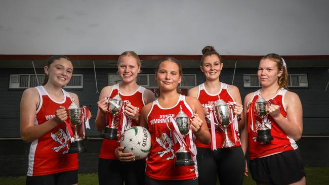 South Warrnambool netballers, from left, Rosie Thornton, Matilda Stevens, Lottie McCosh, Annie Blackburn and Saylah Veale. Picture: Nicole Cleary