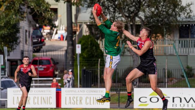 Leongatha's Jack Ginnane marks on the lead against Warragul on his way to 11 goals in the Gippsland league match. Picture: Mark Drury