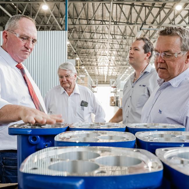 Deputy Prime Minister Barnaby Joyce with Flynn candidate Colin Boyce visit to AusProof factory in Gladstone this week. Picture: Brad Hunter