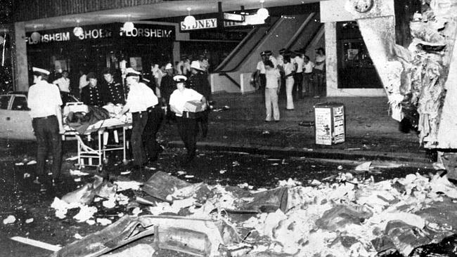 Aftermath of the 1978 bomb explosion at the Sydney Hilton, attributed to the Ananda Marga group.