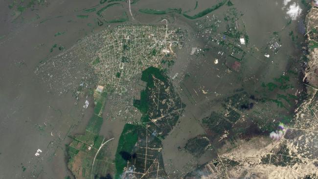 Flooding in Oleshky after Nova Kakhovka dam was attacked. Picture: Planet Labs via AFP