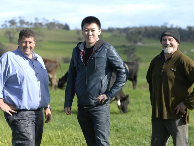 Chinese listed company DFP Australia has bought two farms, one at Poowong and one at Athlone. General manager Roy Wang at the Poowong Farm. along with Matt Hall farm consultant and Phil Good, Farm Business Manager.