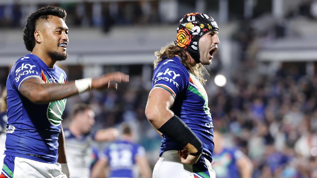 Warriors celebrate a try to Josh Curran during NRL round seven. Picture: Andy Jackson/Getty Images