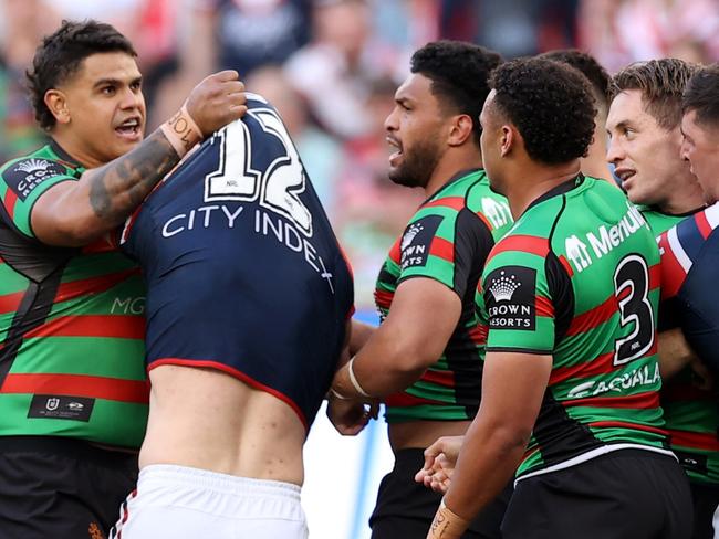 SYDNEY, AUSTRALIA - SEPTEMBER 11: Latrell Mitchell of the Rabbitohs scuffles with Nat Butcher of the Roosters during the NRL Elimination Final match between the Sydney Roosters and the South Sydney Rabbitohs at Allianz Stadium on September 11, 2022 in Sydney, Australia. (Photo by Mark Kolbe/Getty Images)