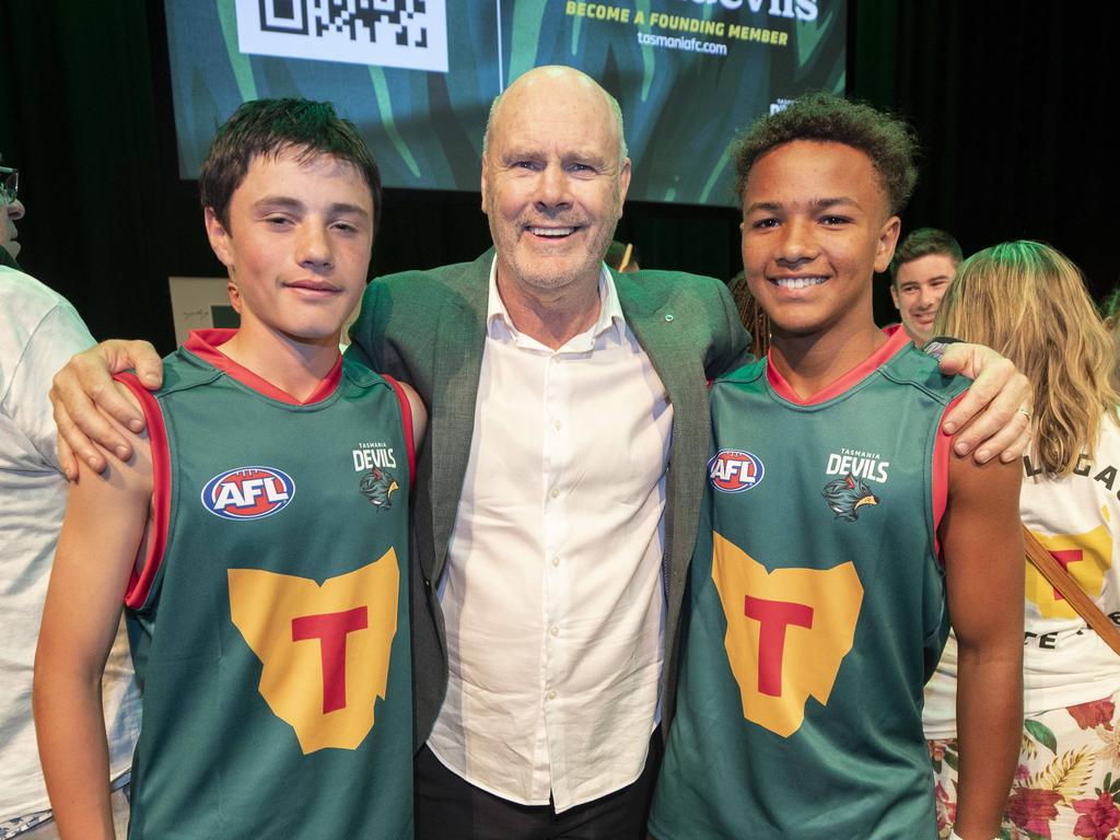 Jake Beams, Rodney Eade and Shaun Kongwa during the Tasmanian AFL Club Launch at Hobart. Picture: Chris Kidd