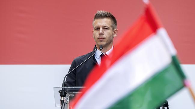 Peter Magyar stole the show during a speech in Budapest on Hungary’s national holiday last month. Picture: Getty Images