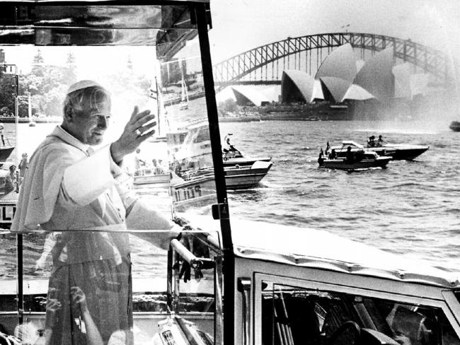 Pope John Paul II gets a view from the water on Sydney Harbour during his Australian tour in 1986. Picture: Supplied