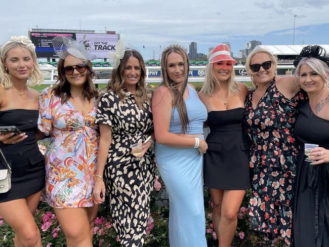 Tannah, Lahni, Kristy, Bec, Kimmio, Bridie and Edie at the 2024 Oaks Day. Picture: Himangi Singh.