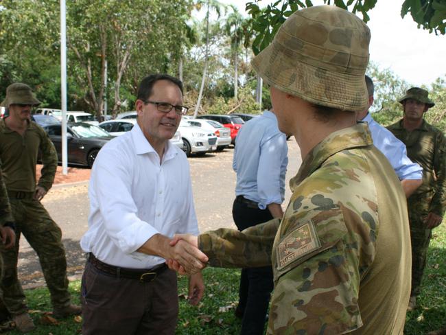 Luke Gosling thanks the 1st Brigade members for their hard work on the Cyclone Marcus recovery effort.