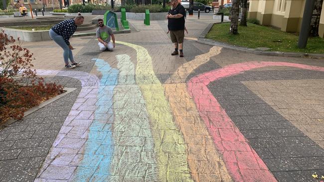 A chalked a rainbow outside of the Launceston library organised by North West Pride and Equality Tasmania. Picture: Supplied.
