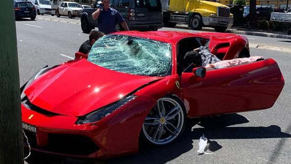 A Ferrari was severely damaged after a single vehicle crash on the Princes Hwy at St Peters on November 15 2021. Picture: First Choice Towing