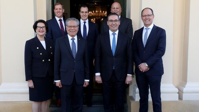 New state ministers L to R Viki Chapman, Stephen Patterson, Governor Hieu Van Le, Vincent Tarzia, Premier Stephen Marshall, David Basham and Corey Wingard after swearing in of the new ministers at Government house. Picture: NCA NewsWire / Kelly Barnes