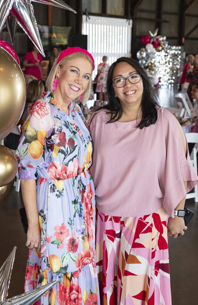 Bec Meppem (left) and Anna Singleton at the Pink High Tea fundraiser for Toowoomba Hospital Foundation at The Goods Shed, Saturday, October 12, 2024. Picture: Kevin Farmer