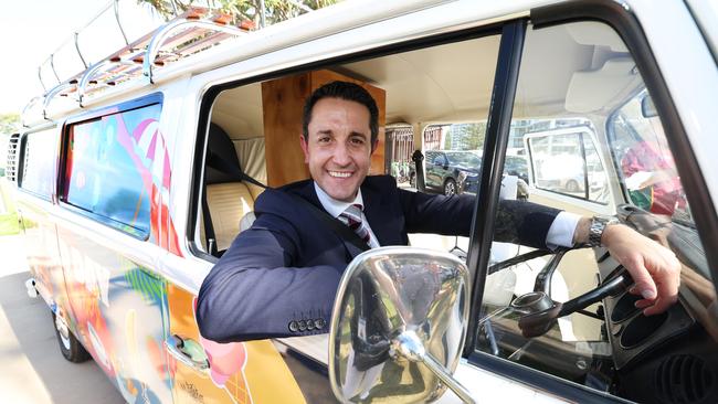 Premier David Crisafulli in a Combi van on the Gold Coast. Pic Annette Dew