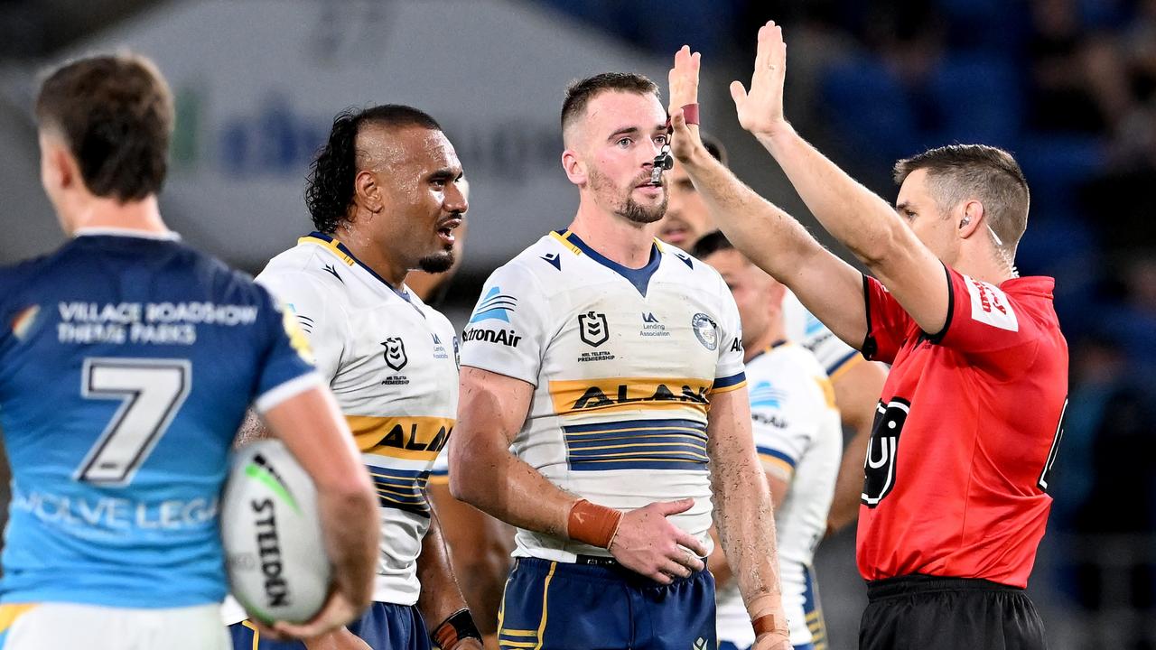 Junior Paulo was sin-binned for a shot on AJ Brimson. Picture: Bradley Kanaris/Getty Images