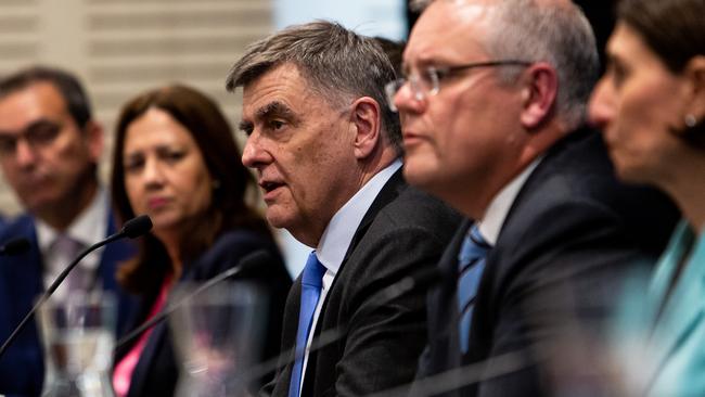 Chief Medical Officer Brendan Murphy speaks alongside Australian Prime Minister Scott Morrison and other state leaders during the Meeting of the Council of Australian Governments (COAG). Picture: AAP Image/Paul Braven