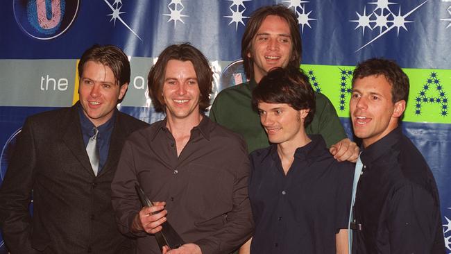 Powderfinger’s John Collins, Bernard Fanning, Darren Middleton, Ian Haug and Jon Coghill in 1999. Picture: Jeff/Herbert