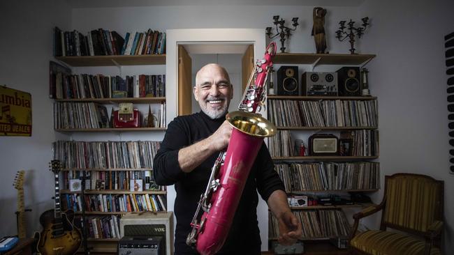 Singer, songwriter and Black Sorrows frontman Joe Camilleri in his home at Kyneton, Victoria last week, after recording a performance for our Isolation Room video series. Picture: Arsineh Houspian