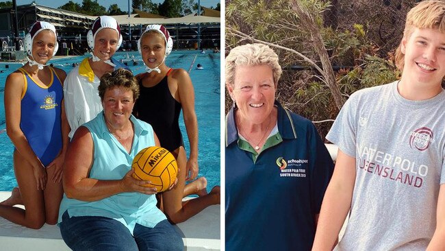 Helen Park with Sunshine Coast water polo athletes. Picture: Geoff Potter