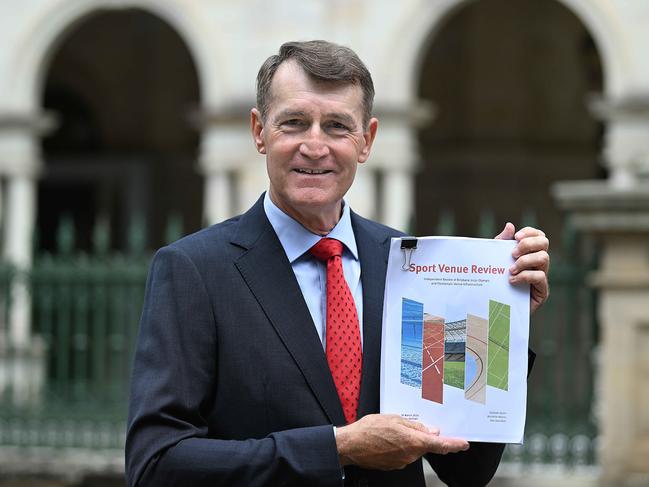 Former Brisbane Lord Mayor Graham Quirk with his Brisbane 2032 Olympic Games venues review. pic: Lyndon Mechielsen/Courier Mail