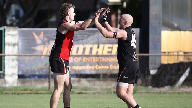 Jarrod Peake celebrates kicking a goal with teammate Adam Gross. Picture: Brendan Radke