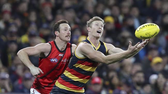 Alex Keath marks in front of Essendon’s Mitch Brown. Picture SARAH REED