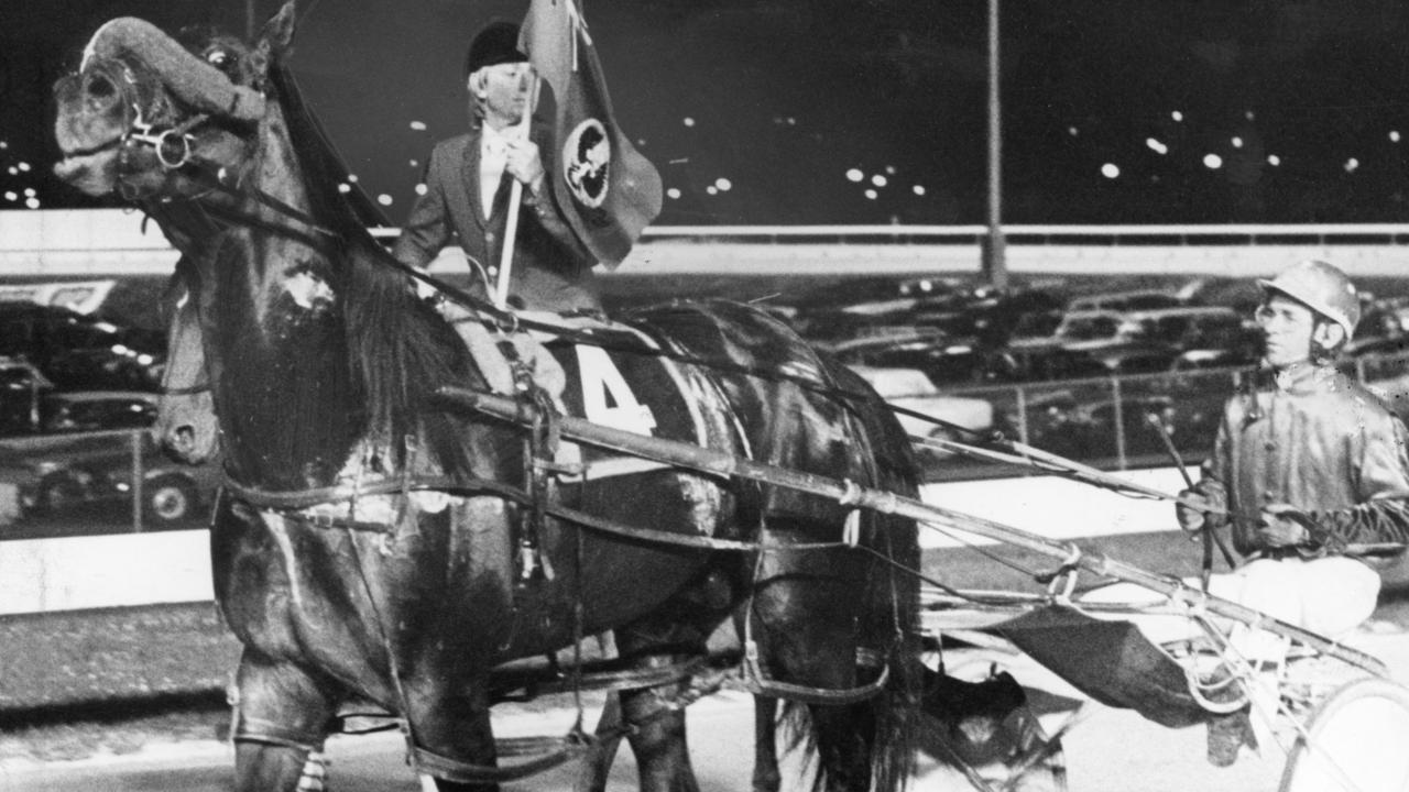 03/1978. Markovina (ridden by Brian Gath) after winning the 1978 Inter-Dominion championship which was held at Moonee Valley. Trots. Trotting. Harness racing.