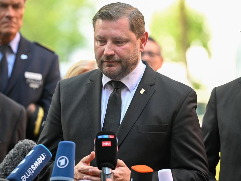 Mayor of Solingen Tim Kurzbach delivers a statement on the deadly stabbings that left three dead and eight injured. Picture: Getty Images