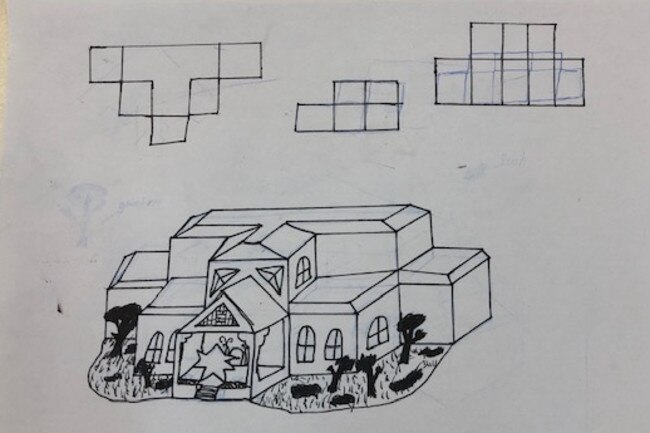 Eli Phiyasirikul, Year 6, of Blaxland Public School in the Blue Mountains, has drawn designed a building named The Sydney Clockwise Theatre. It is a youth theatre of space where the youth of Sydney and beyond can be welcomed and congregate to share their experiences. This image is one of his four drawings showing specific details of the building.