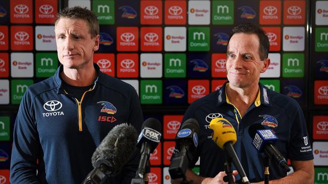 Brett Burton and Don Pyke front the media about the camp in June, 2018. Picture: Daniel Kalisz/Getty Images)