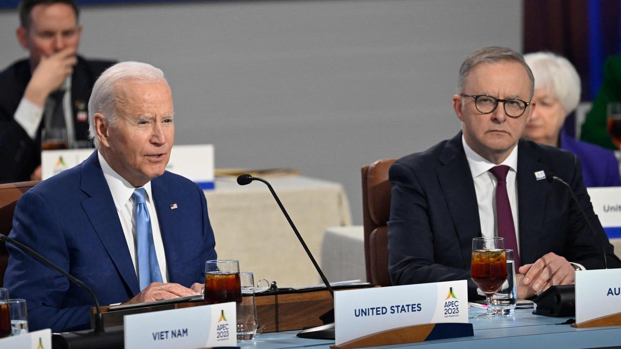 Anthony Albanese with US President Joe Biden as they attend the Asia-Pacific Economic Cooperation (APEC) Leaders' Week in San Francisco. Picture: AFP